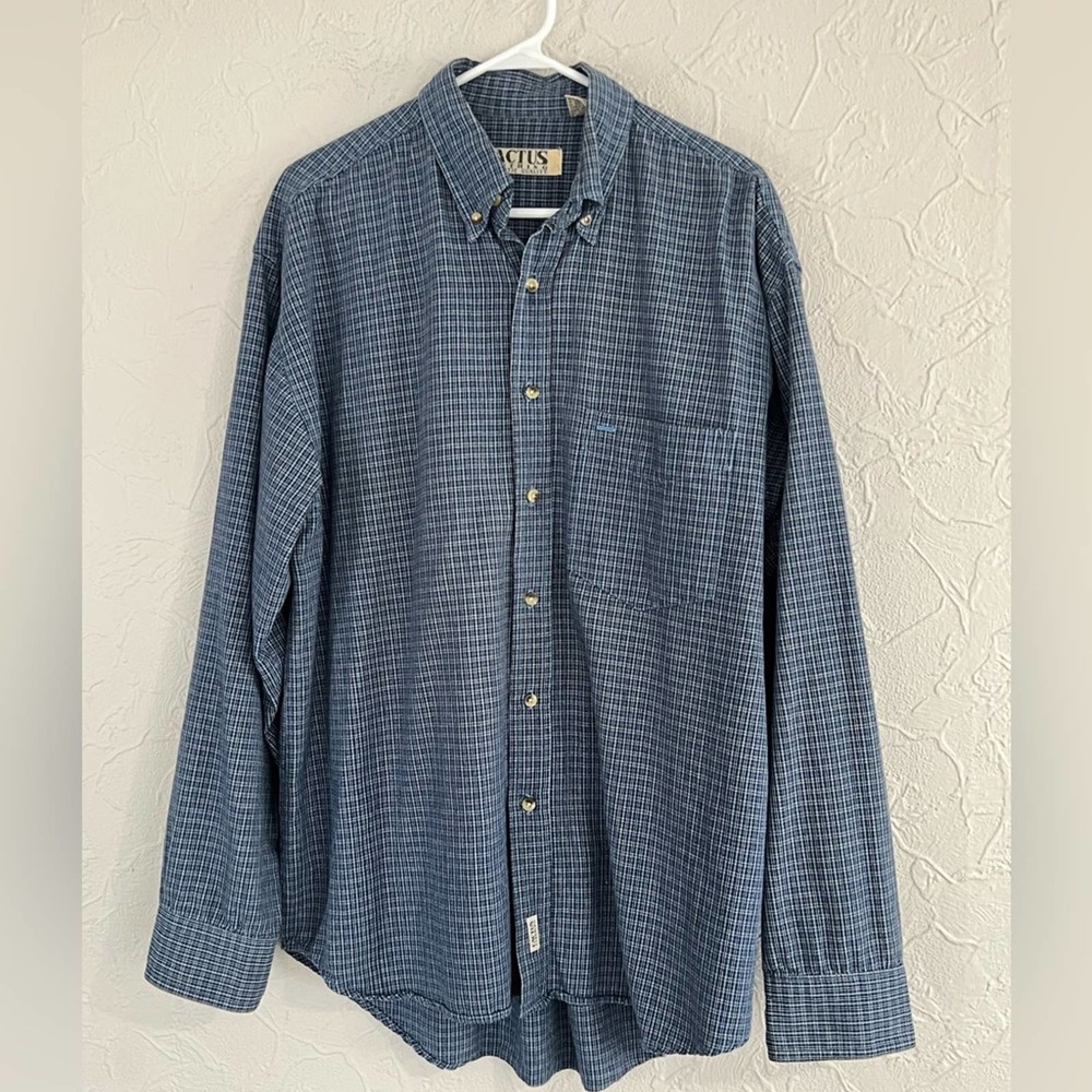 Cactus Clothing Blue  Plaid Check Long Sleeve Casual Shirt Men Size Large NICE